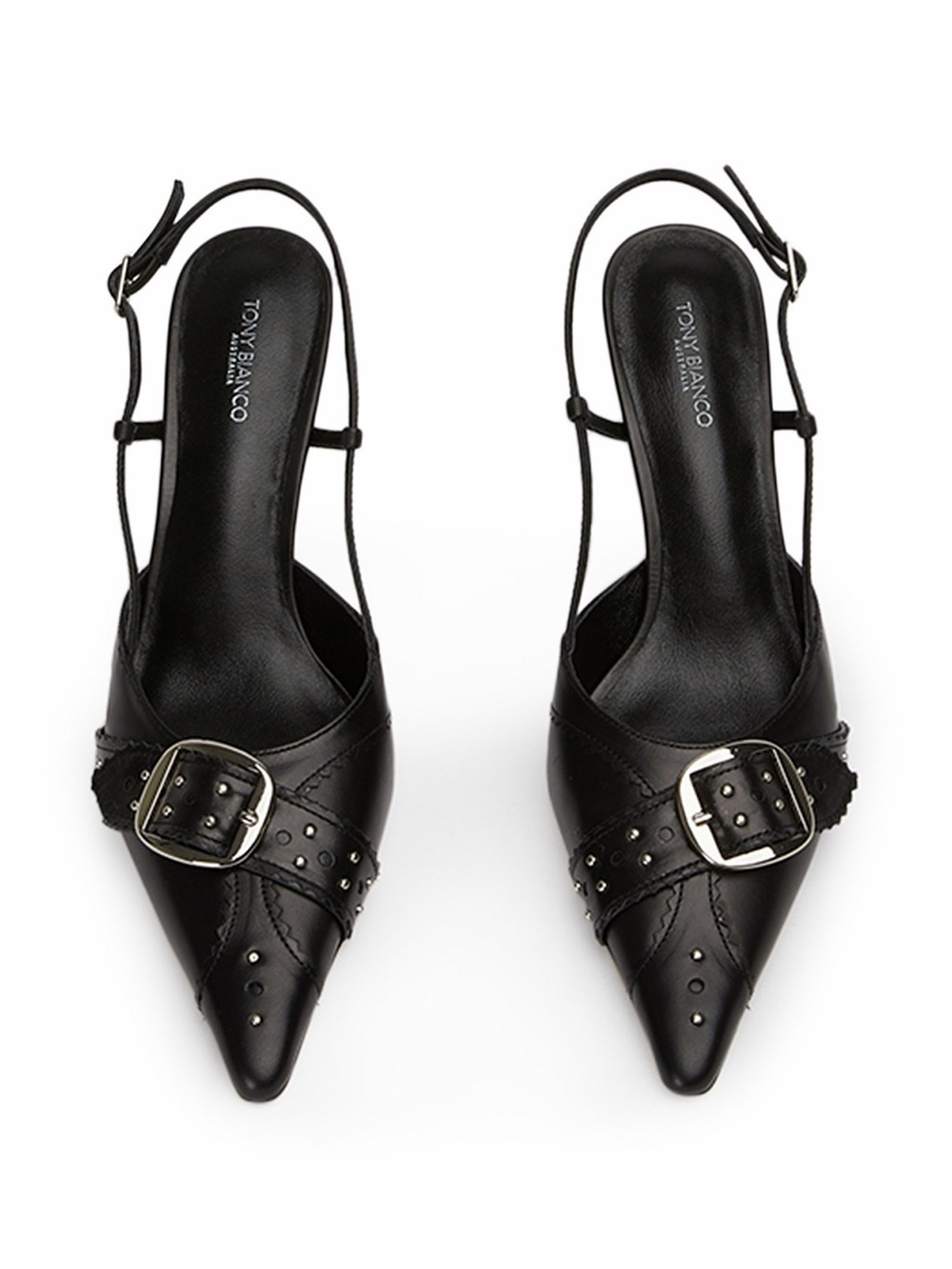 Tony Bianco Black Pointed Slingback Heels with Buckle Accent - Picture 2 of 5